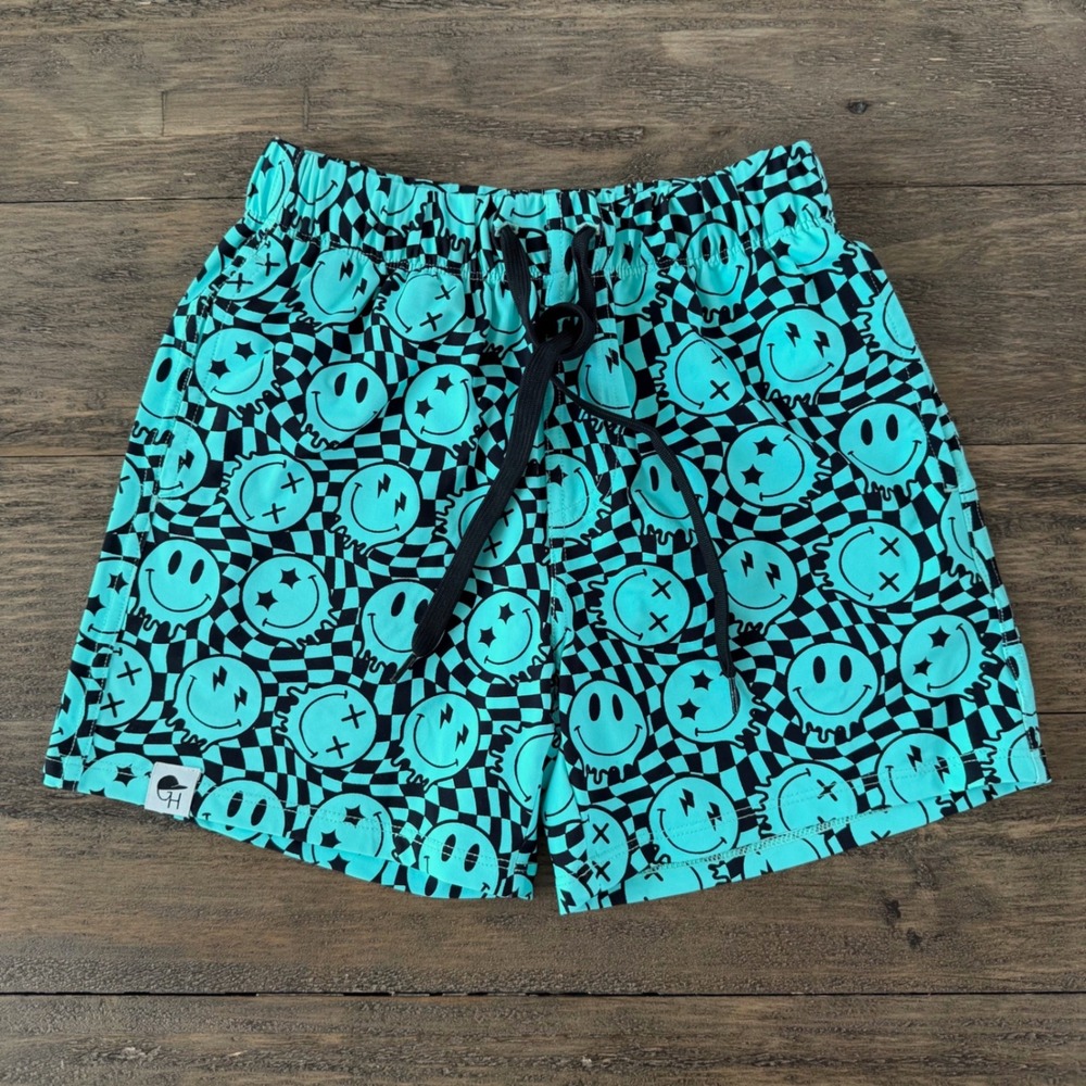 George Hats Kids Aqua Checkered Melting Smiley Hybrid Swim Shorts 6-7Y UPF 50+